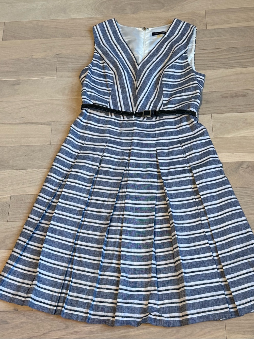 Striped V-Neck Fit & Flare Dress in Navy and White